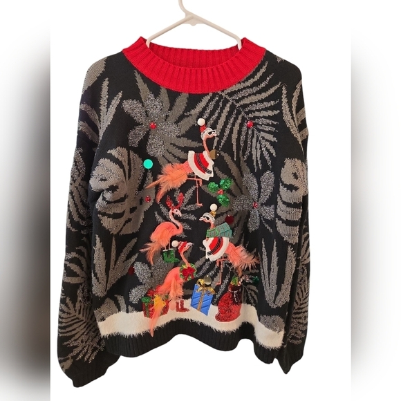 33 DEGREES UGLY CHRISTMAS SWEATER FLAMINGOS, SEQUINES. SIZE SMALL. - Picture 1 of 8